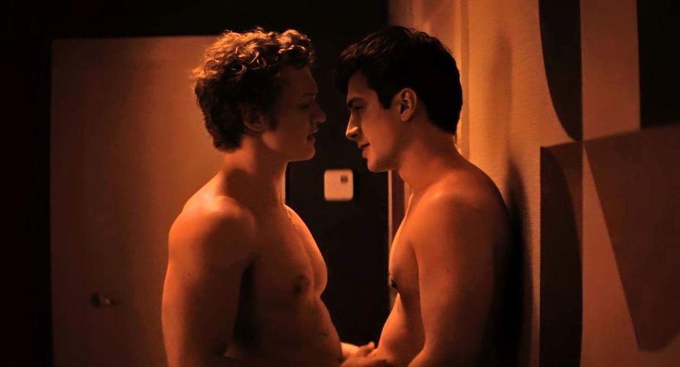 \u200bConnor Storrie as Ilya Rozanov and Hudson Williams as Shane Hollander on Heated Rivalry episode 1