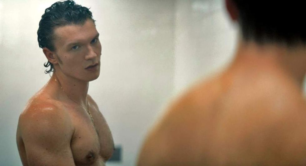 \u200bConnor Storrie as Ilya Rozanov and Hudson Williams as Shane Hollander on Heated Rivalry episode 1