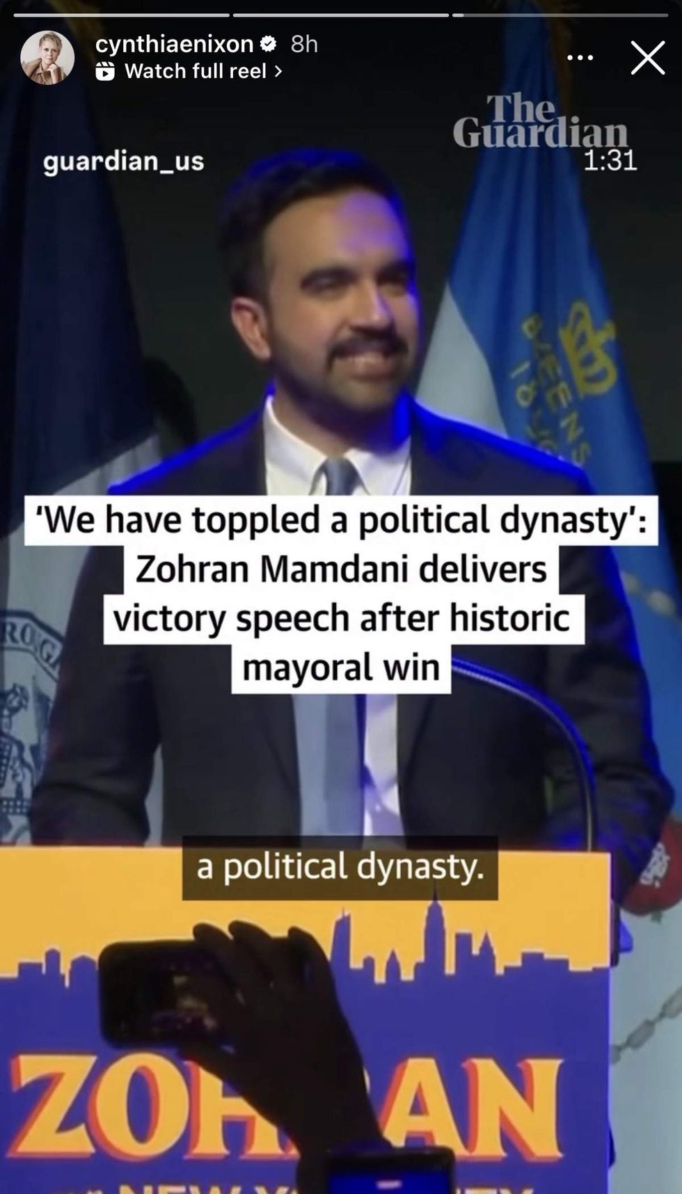 \u200bCynthia Nixon via Instagram Story