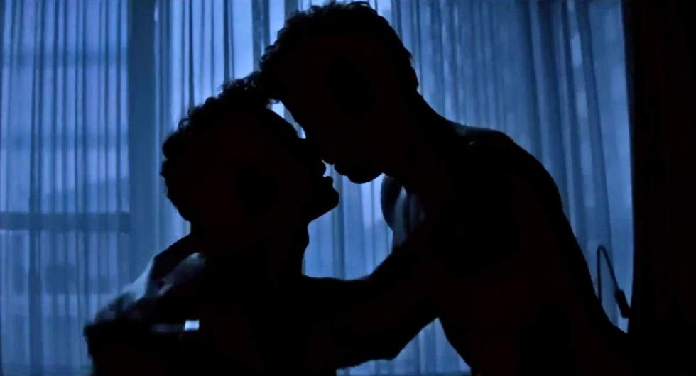 \u200bFrancois Arnaud as Scott Hunter and Robbie GK as Kip Grady on Heated Rivalry episode 3