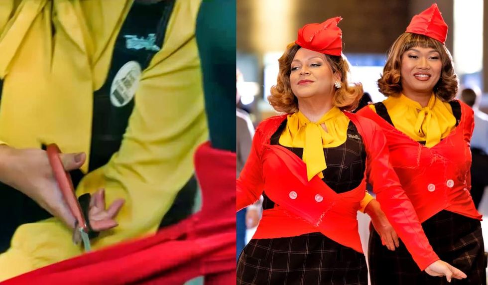 \u200bGinger Minj and Jujubee wearing makeshift Glamazonian Express uniforms in Stop! That! Train!