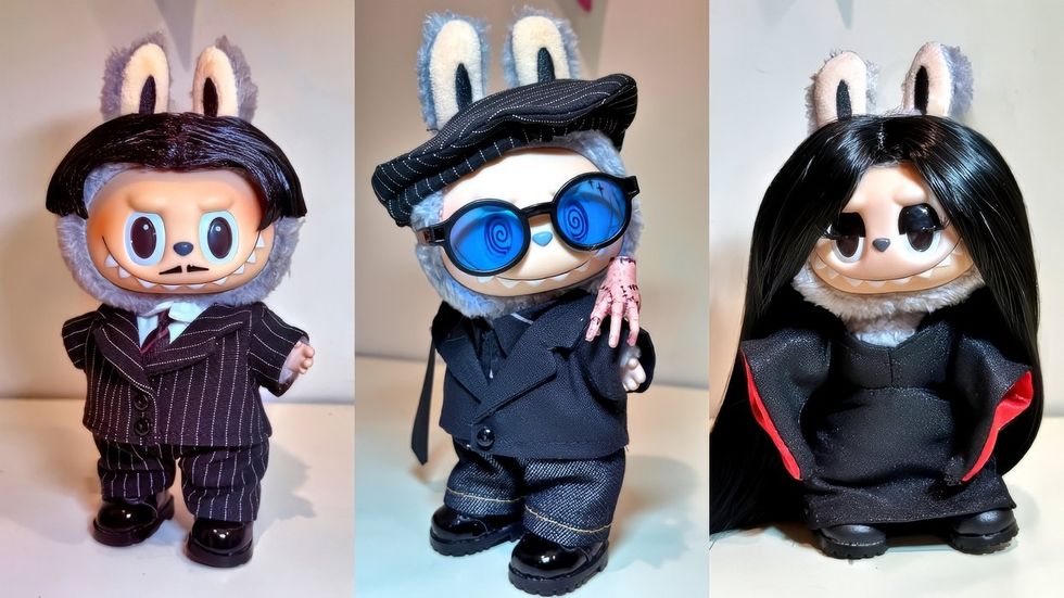 \u200bGomez Addams; Tim Burton; Morticia Addams custom Labubu toys made by Marko Monroe for Netflix's Wednesday