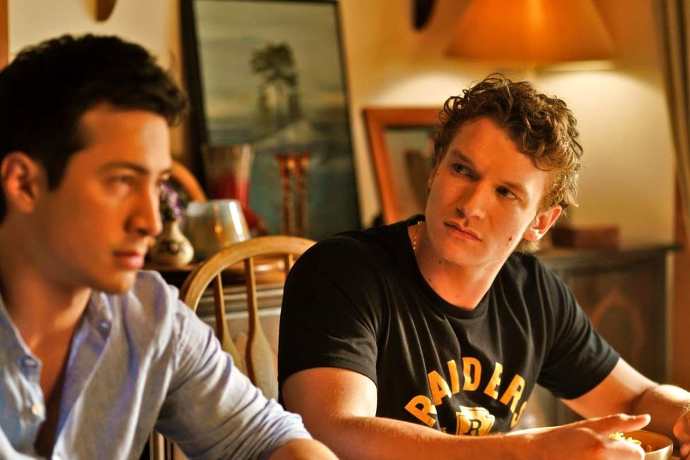 \u200bHudson Williams as Shane Hollander and Connor Storrie as Ilya Rozanov on Heated Rivalry episode 6