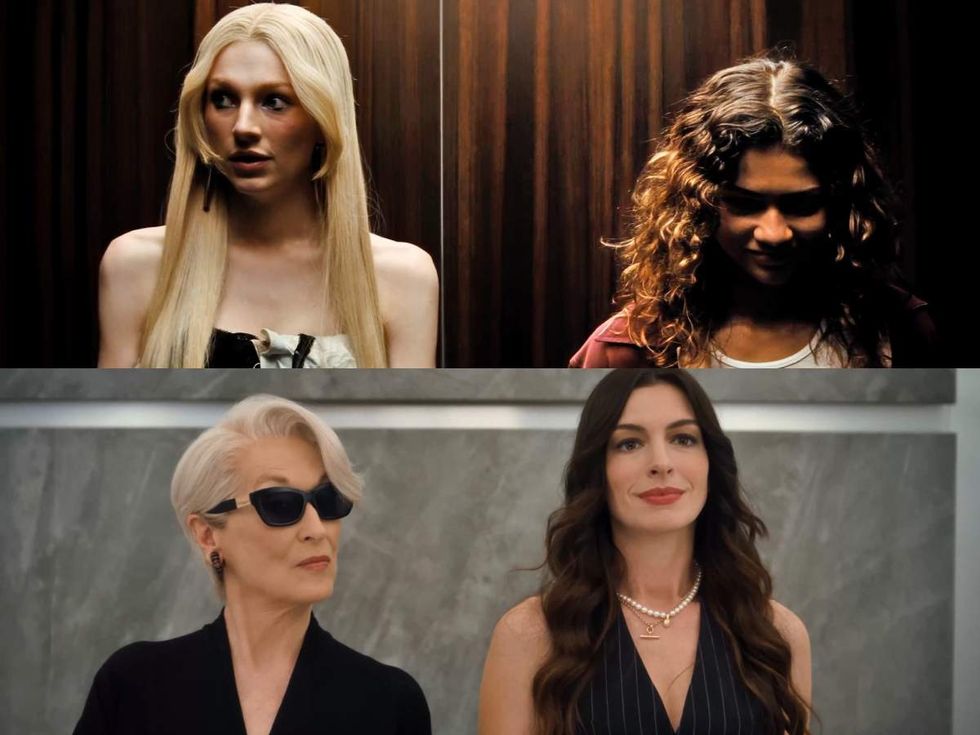 \u200bHunter Schafer as Jules Vaughn and Zendaya as Rue Bennett on \u200bEuphoria\u200b season 3; Meryl Streep as Miranda Priestly and Anne Hathaway as Andy Sachs in The Devil Wears Prada 2