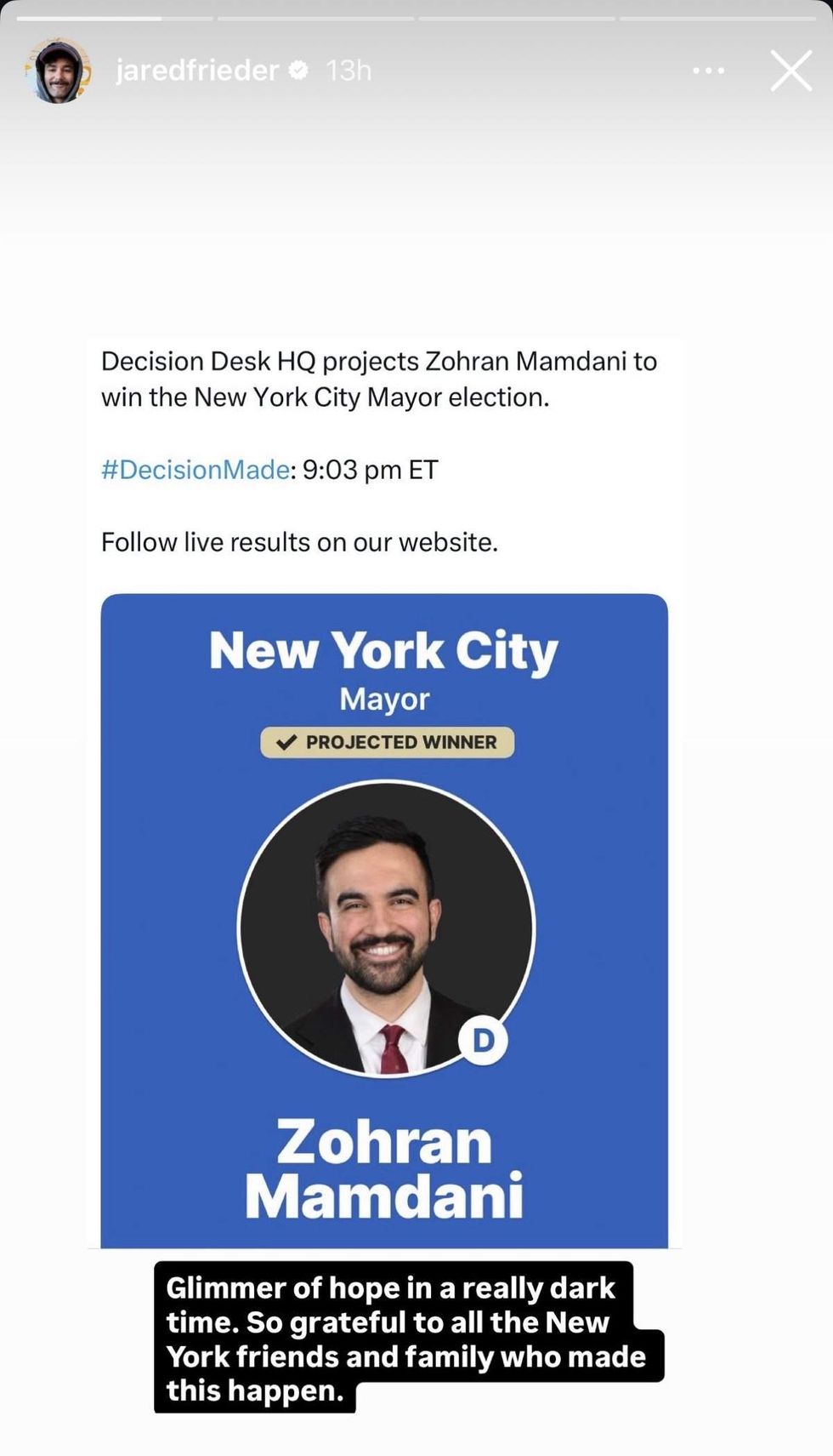 \u200bJared Frieder via Instagram Story