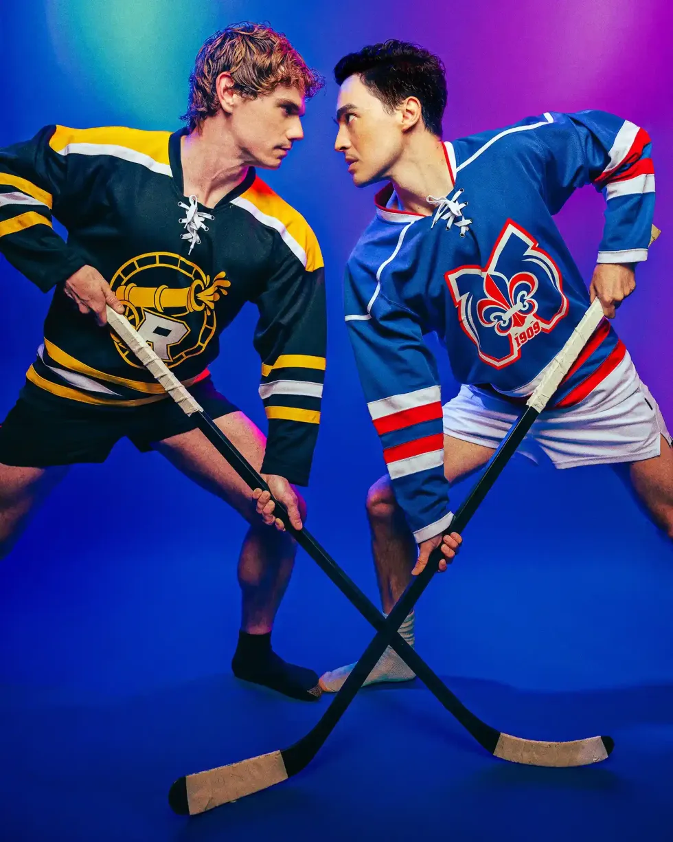 \u200bJay Armstrong Johnson and Troy Iwata in \u2018Heated Rivalry: The Unauthorized Musical Parody\u2019.