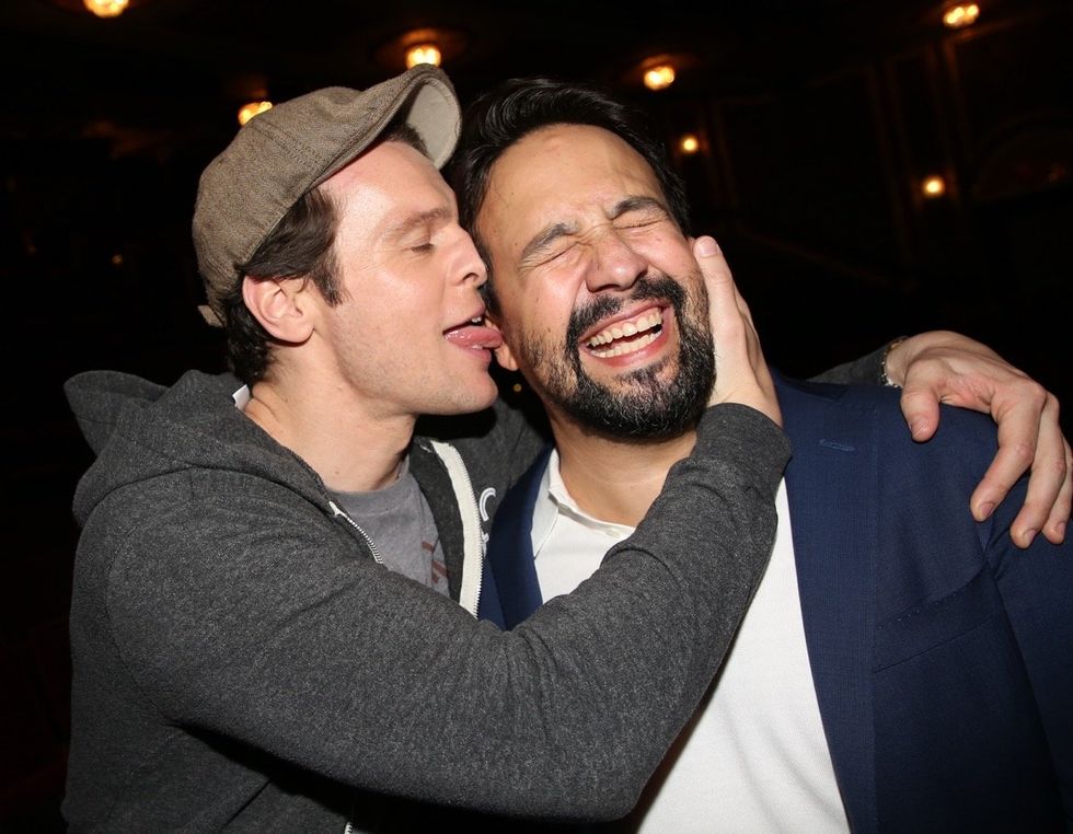 \u200bJonathan Groff and Lin-Manuel Miranda attending the 'Ham4Ham' celebration at the 2025 Tony Nominated Broadway event