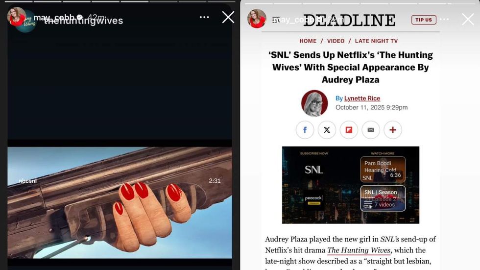 \u200bMay Cobb shared Instagram Stories of \u200bThe Hunting Wives\u200b season 2 sketch with Aubrey Plaza on \u200bSaturday Night Live\u200b