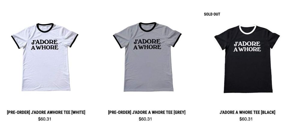\u200bRe-stocking and pre-order options for 'J'adore a whore T-shirt on official Arrogant Hypocrite website