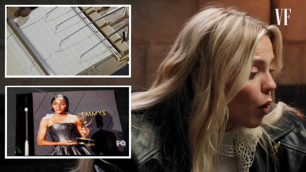 \u200bRene\u00e9 Rapp reacts to a photo of Ayo Edebiri in a Lie Detector Test video from Vanity Fair