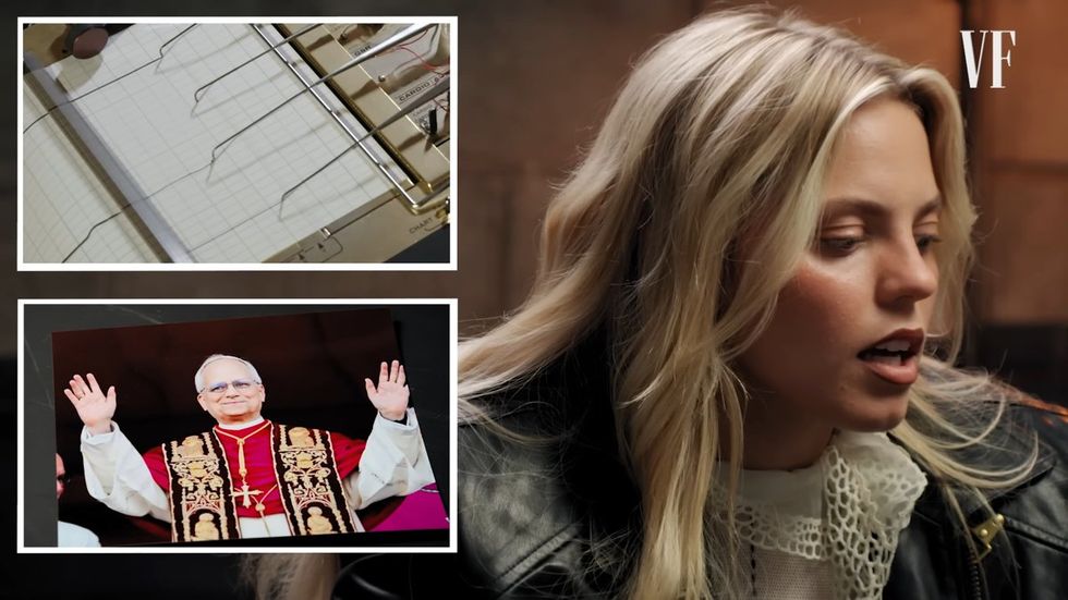 \u200bRene\u00e9 Rapp reacts to a photo of Pope Leo XIV in a Lie Detector Test video from Vanity Fair