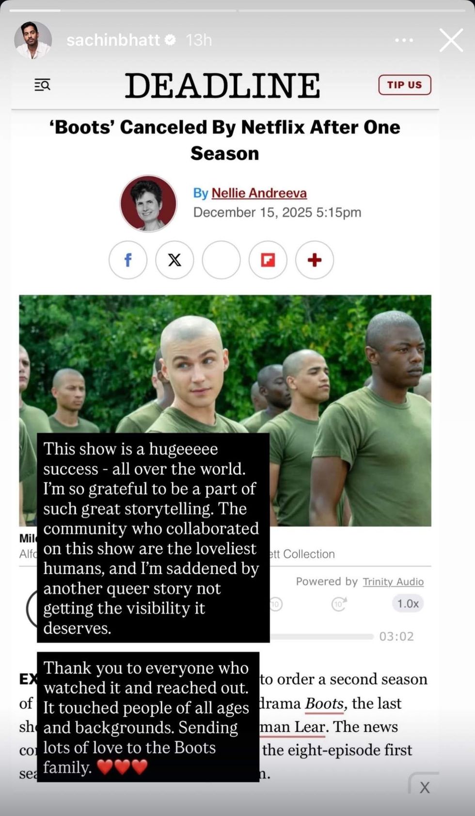 \u200bSachin Bhatt, who played Major Wilkinson on Boots, shared via Instagram Story