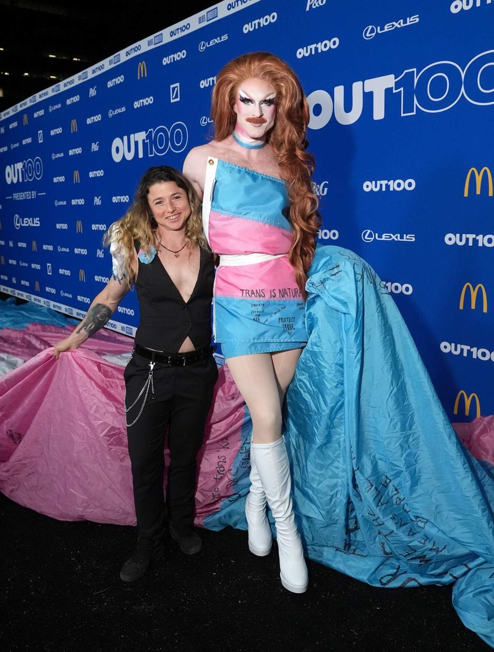 \u200bSJ Joslin and Pattie Gonia on the 2025 Out100 carpet.