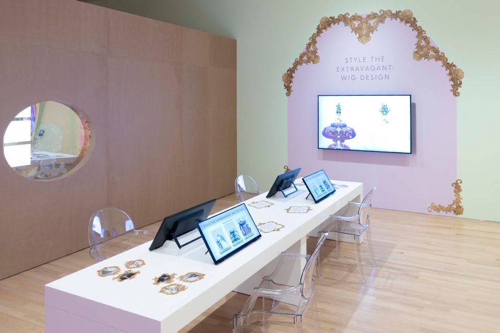 \u200bStyle of Extravagant Wig Design station in the Resplendent Dreams: Reawakening the Rococo\u200b exhibition at the Indianapolis Museum of Art at Newfields