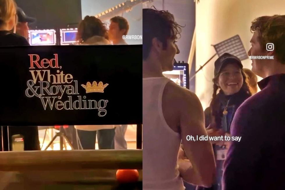 \u200bTaylor Zakhar Perez and Nicholas Galitzine on set during filming of Red, White & Royal Wedding\u200b, the upcoming sequel to 2023's \u200bRed, White & Royal Blue