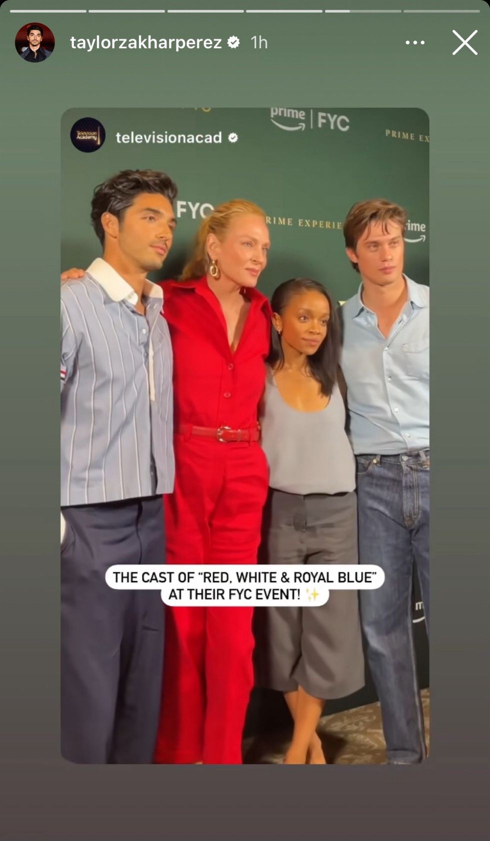 \u200bTaylor Zakhar-Perez, Uma Thurman, Rachel Hilson, and Nicholas Galitzine via Instagram