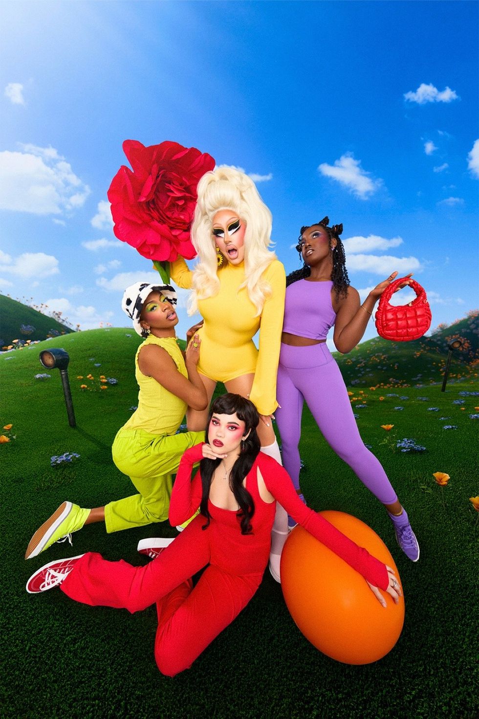 \u200bTrixie Mattel and models pose for the Teletubbies collaboration with Trixie Cosmetics