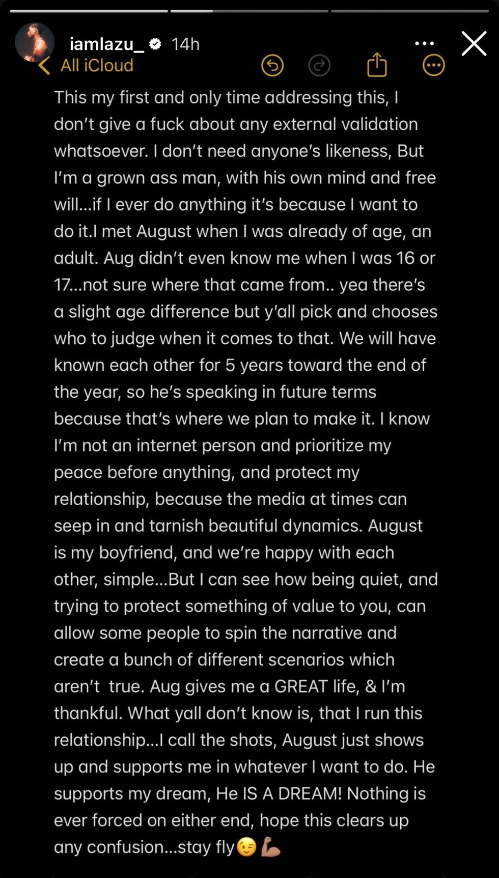 \u200bZu reacts to viral video alongside August Alsina with a statement shared via Instagram Story