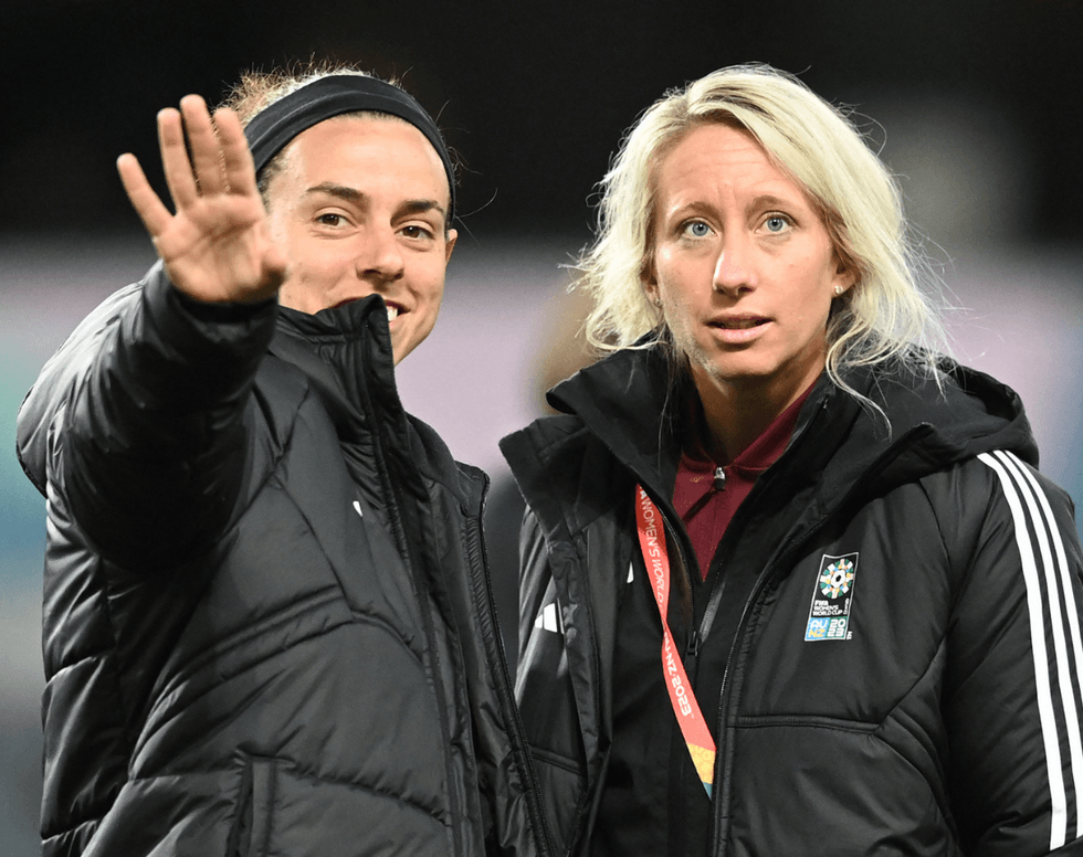 US referee Tori Penso (R) and US assistant referee Brooke Mayo (L) inspect the field prior to the Australia and New Zealand 2023 Women's World Cup Group