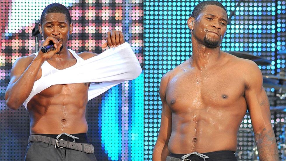 Usher performing concert sweaty take off shirt white tank top shirtless