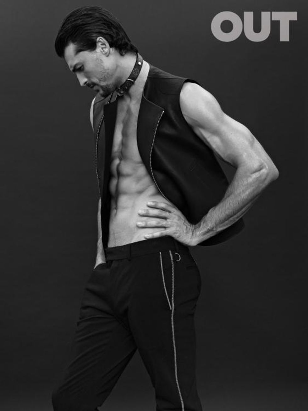 Vest, price available upon request, pants, $750, and collar, $400, by Louis Vuitton