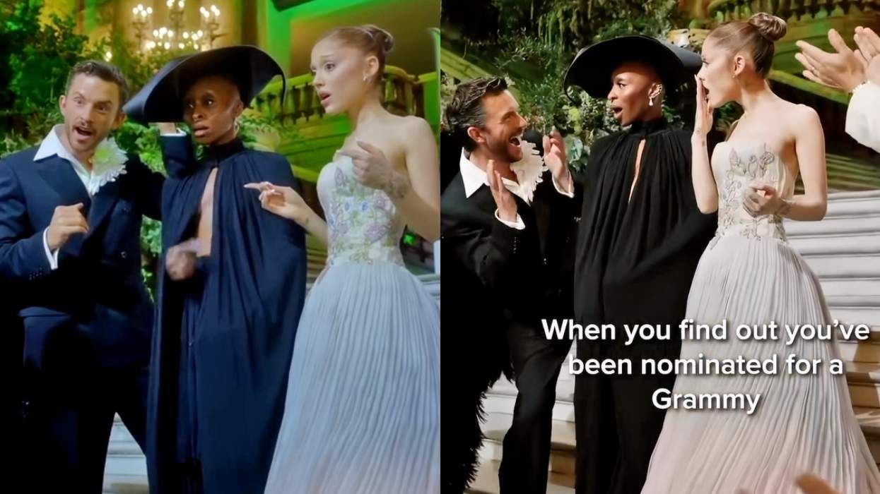 Videos of Jonathan Bailey, Cynthia Erivo, and Ariana Grande reacting live to the 2026 Grammy Award nominations during a Wicked: For Good press event