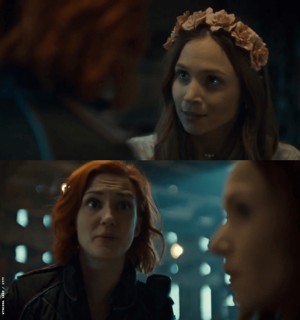Waverly wearing a flower crown and nicole looking confused