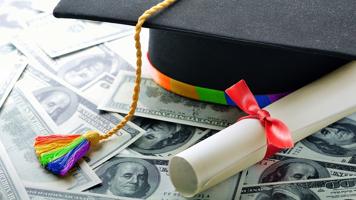 weekly finance advice column concept art graduation cap rainbow tassel and diploma on top of cash money
