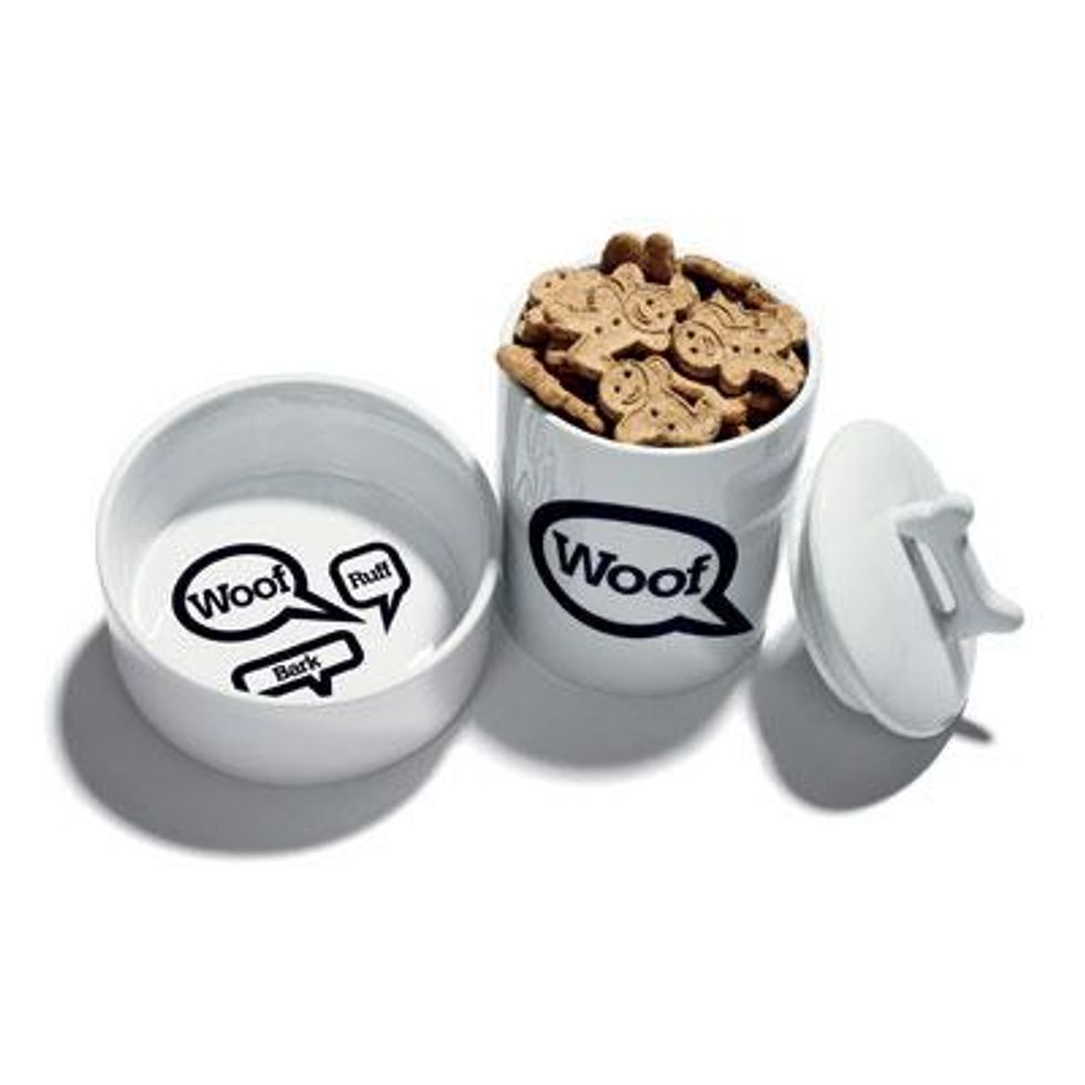 White large dog bowl, "Woof" treat jar