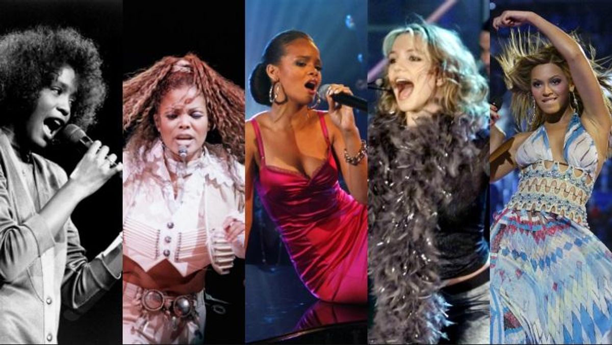 Whitney Houston, Janet Jackson, Rihanna, Britney Spears, Beyonce, Carley Rae Jepsen, Lady Gaga, Mariah Carey, Celine Dion