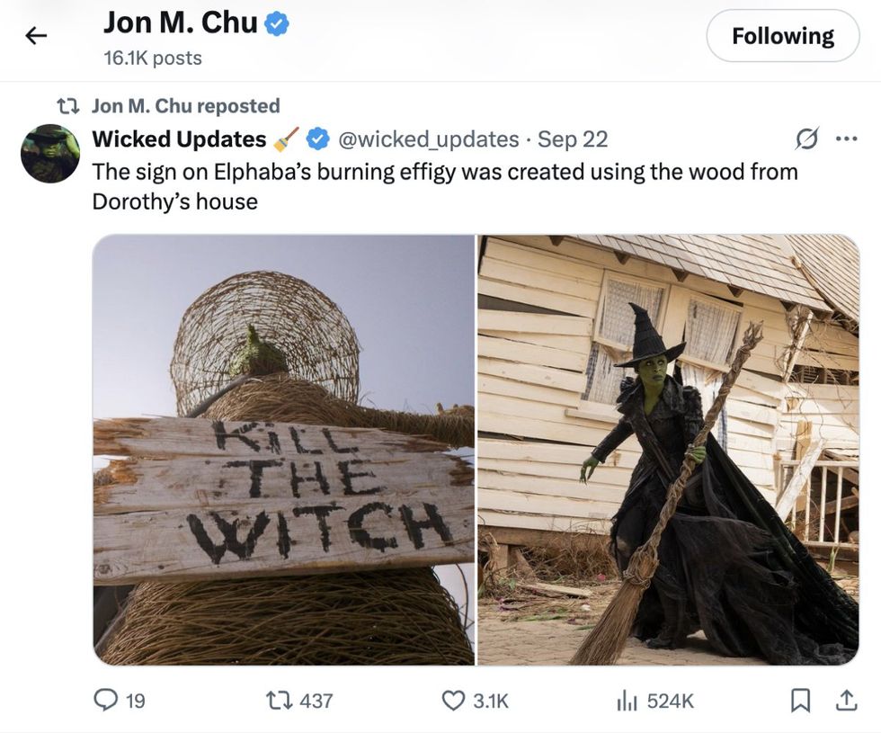 Wicked\u200b and \u200bWicked: For Good\u200b director Jon M. Chu re-shares an X post