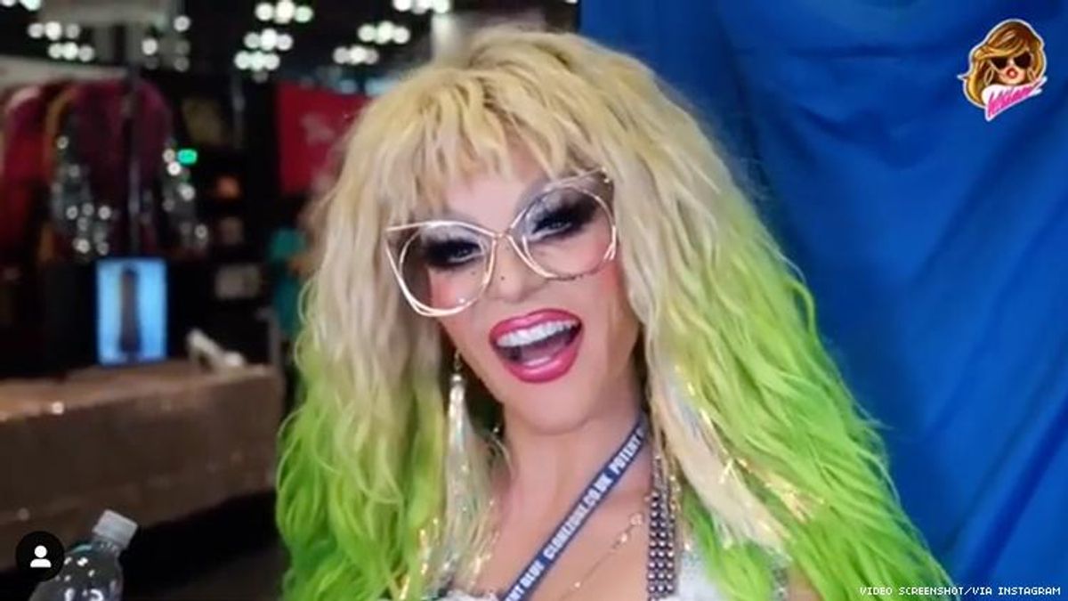 Willam, of RuPaul's Drag Race, in drag wearing a green wig.