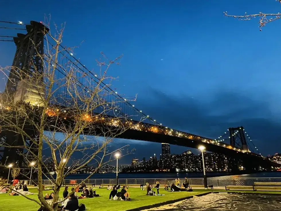 Williamsburg Bridge and Domino Park in Brooklyn.