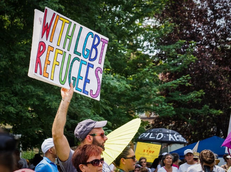 "With LGBT Refugees" sign in Detroit, Michigan (2018)\u200b