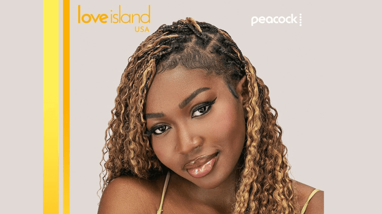 Woman smiling with curly hair, "Love Island USA" and "Peacock" logos above her.