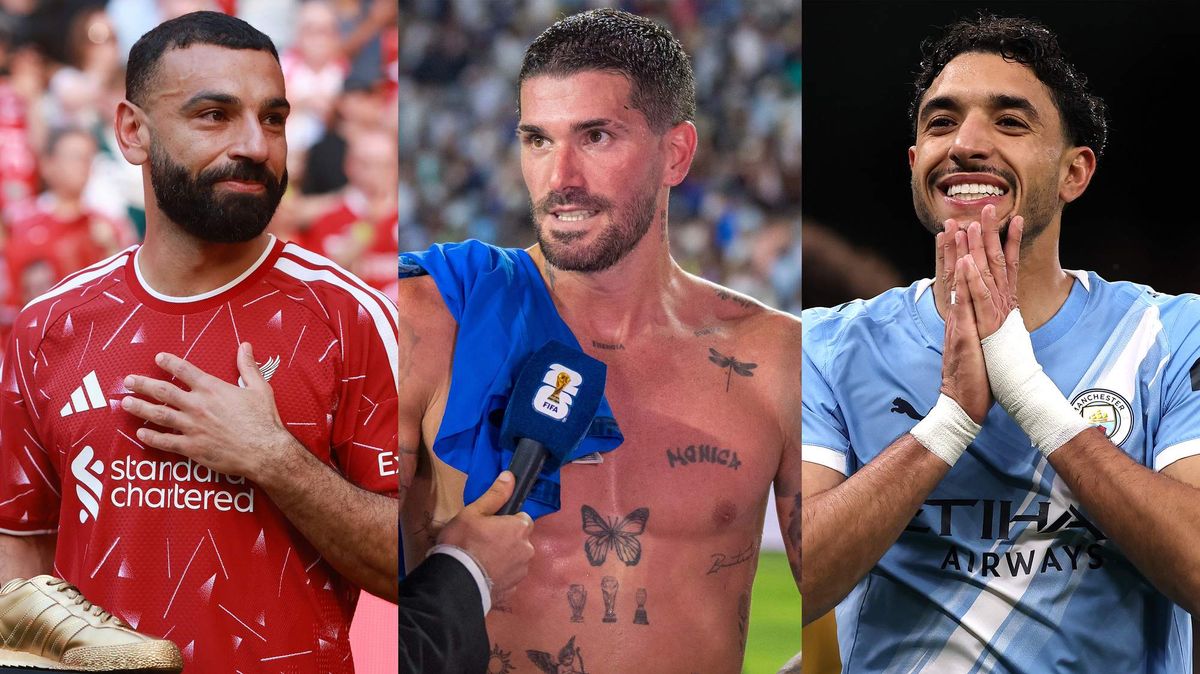 World Cup soccer players Mohamed Salah, Rodrigo De Paul, and Omar Marmoush.