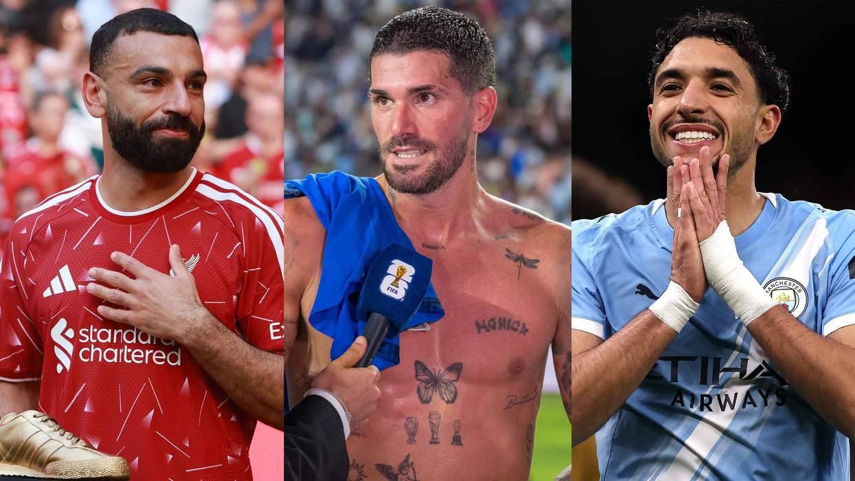 World Cup soccer players Mohamed Salah, Rodrigo De Paul, and Omar Marmoush.