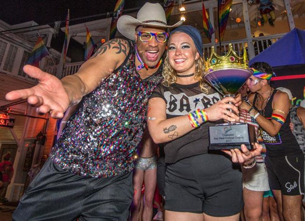 Worlds collide: 2016 Champion Rocky Collins and 2017 Champion Kayla Hasbrook celebrate on the Main Stage.