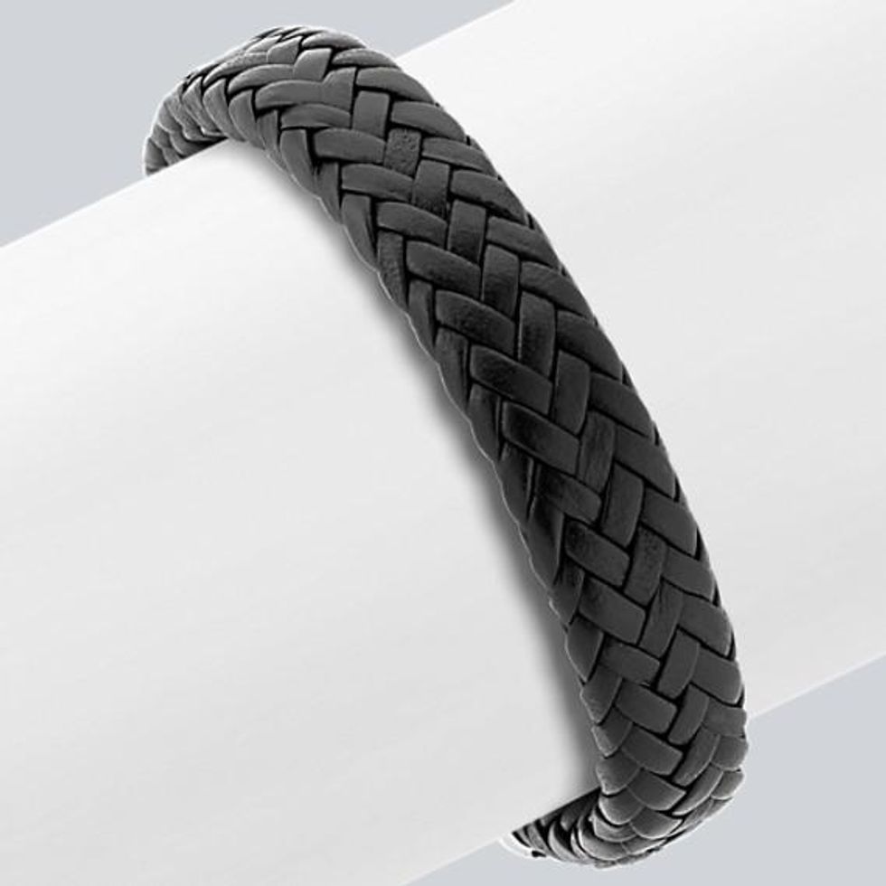 Woven Black Leather & Stainless Steel Bracelet