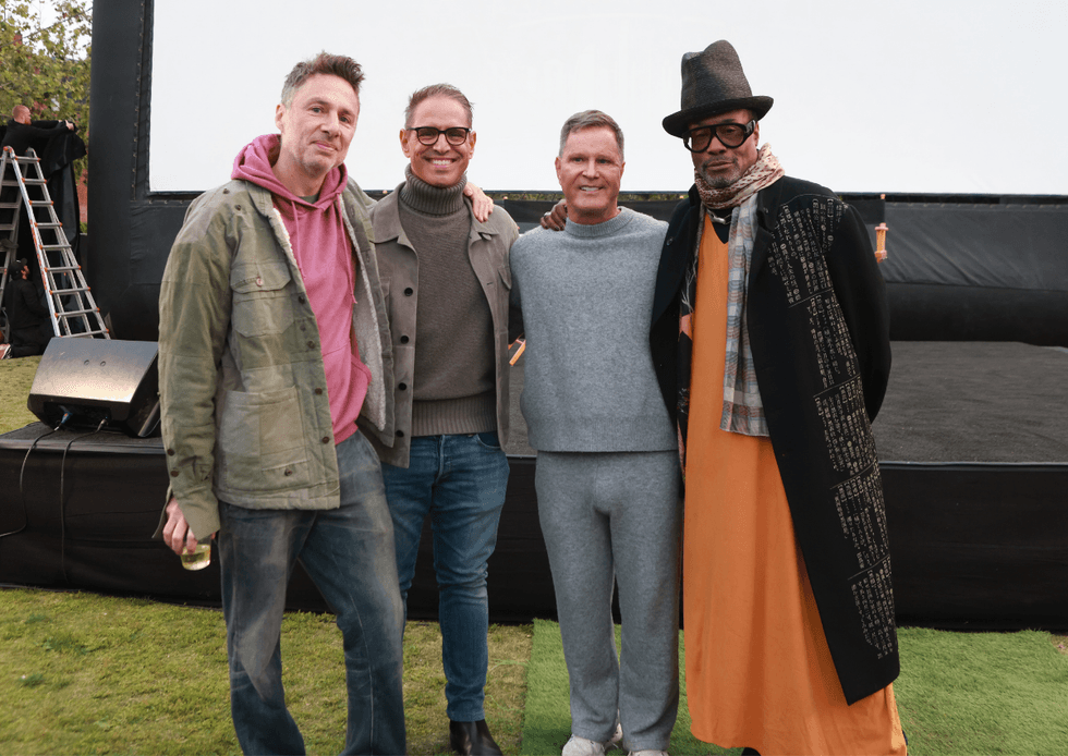 Zach Braff, Greg Berlanti, Mickey Liddell, and Billy Porter pose together at The Broken Hearts Club anniversary event in West Hollywood
