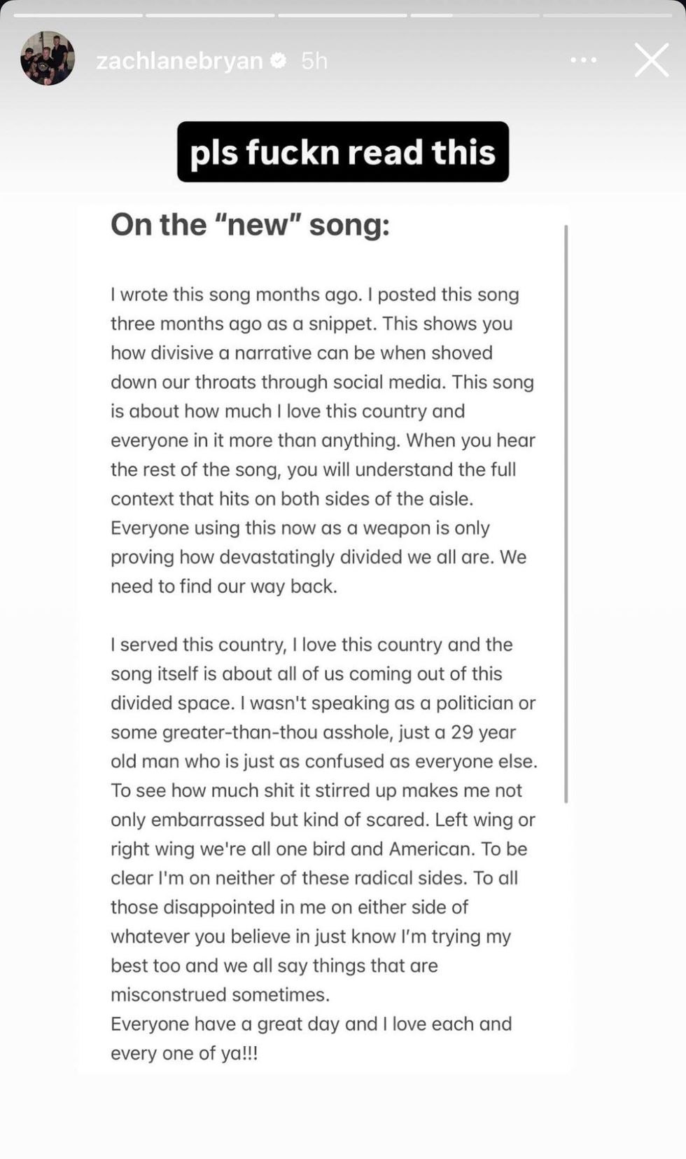 Zach Bryan via Instagram Story, part 1 of 2