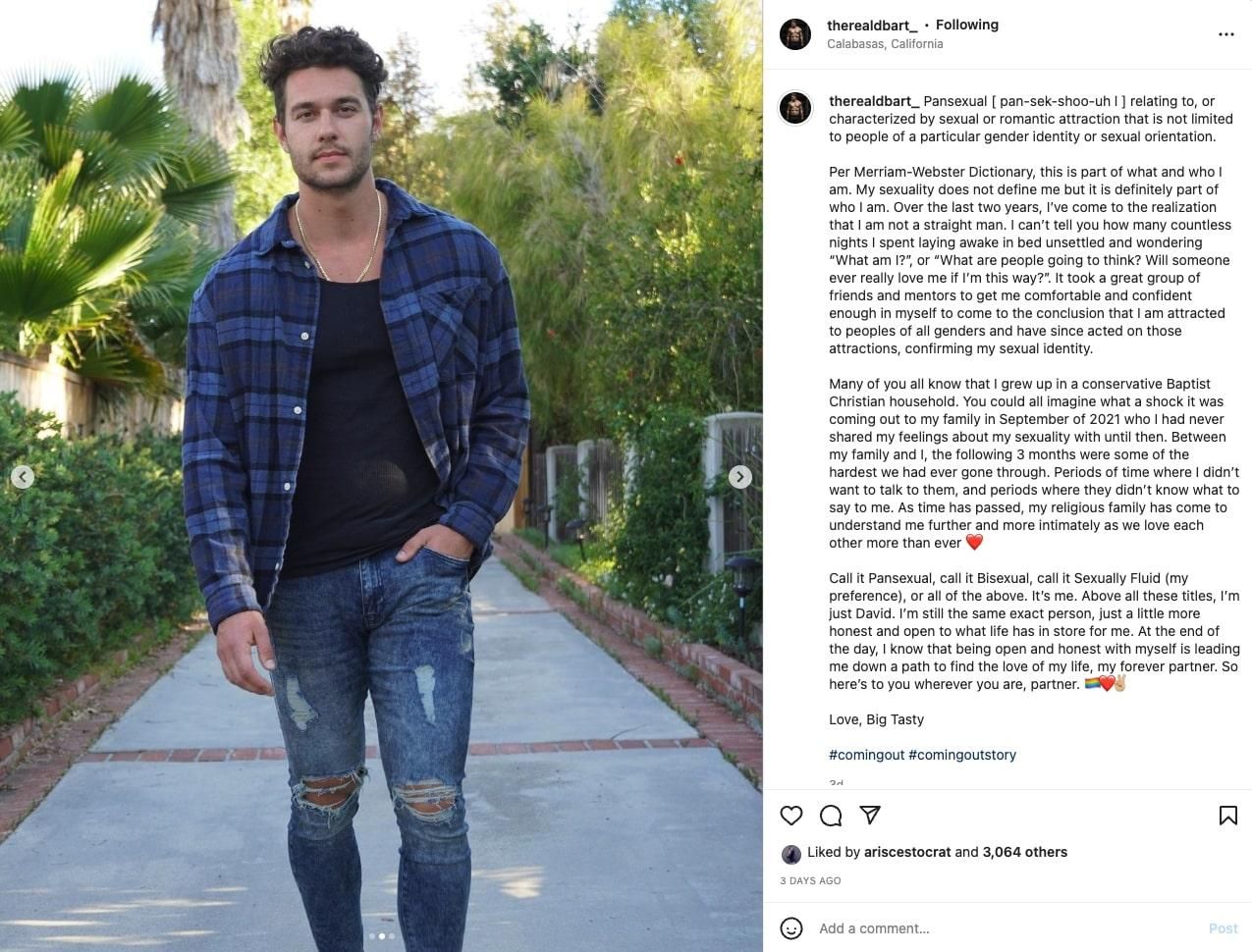 David Barta from Ex On The Beach season 5 shares that he is pansexual on Instagram