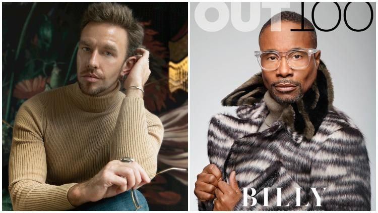 handsome white man holding glasses next to black man in fur on cover of out magazine 