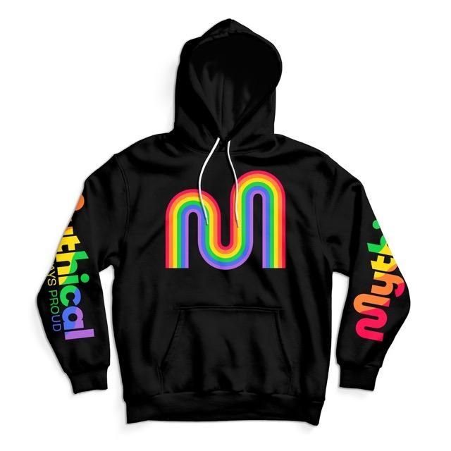 Black oversized hoodie with rainbow swirl pattern on the arms and front, with the text Mythical in rainbow on the chest
