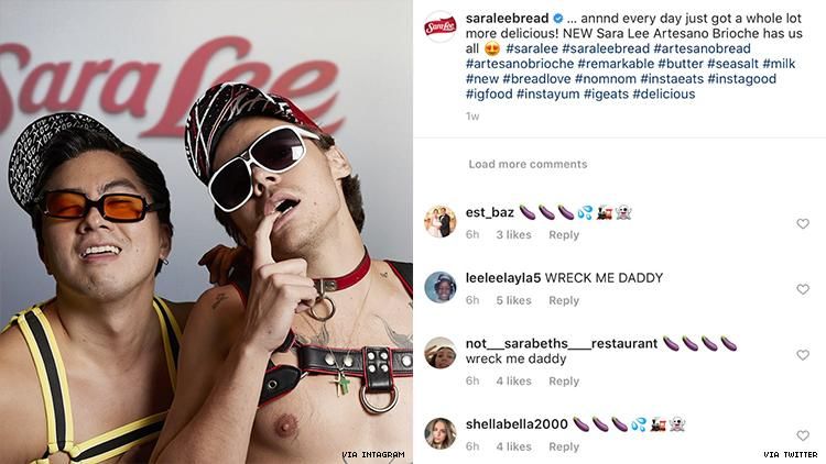 A diptych of Harry Styles in a harness and a screenshot of people posting eggplants on Sara Lee's Instagram account.