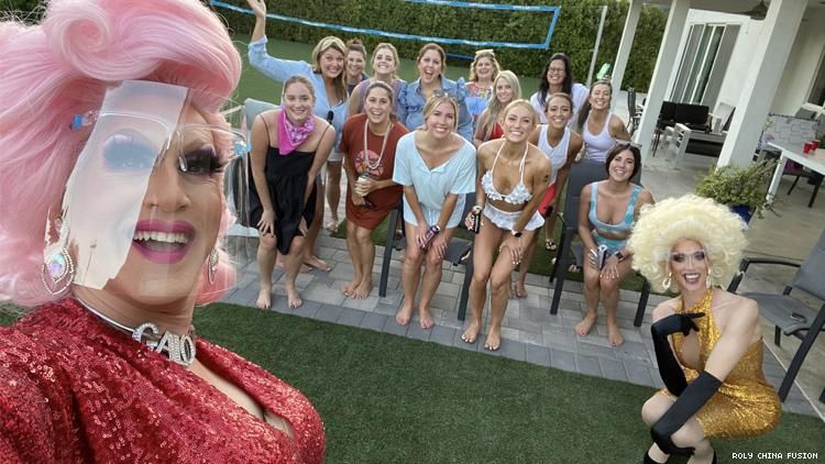 Rosemary Galore and Angelique VaGorgeous perform in a Palm Springs back yard