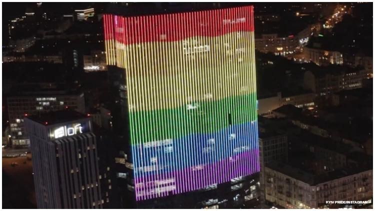 The Gulliver Mall projects rainbow pride colors on its building in honor of Ukraine Pride and International Coming Out Day.