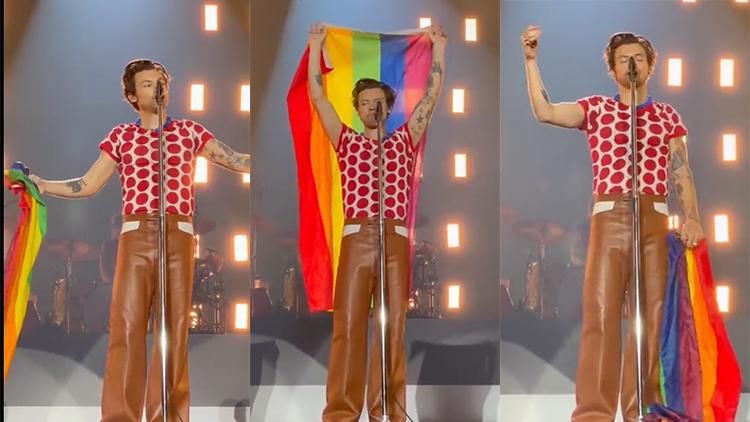 Harry Styles raises a rainbow flag on stage.