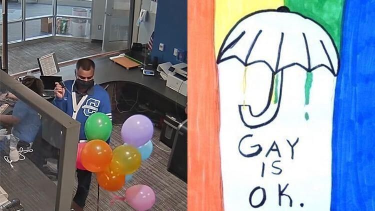 Principal Who Banned Gay Student's Art Seen Popping Rainbow Balloons