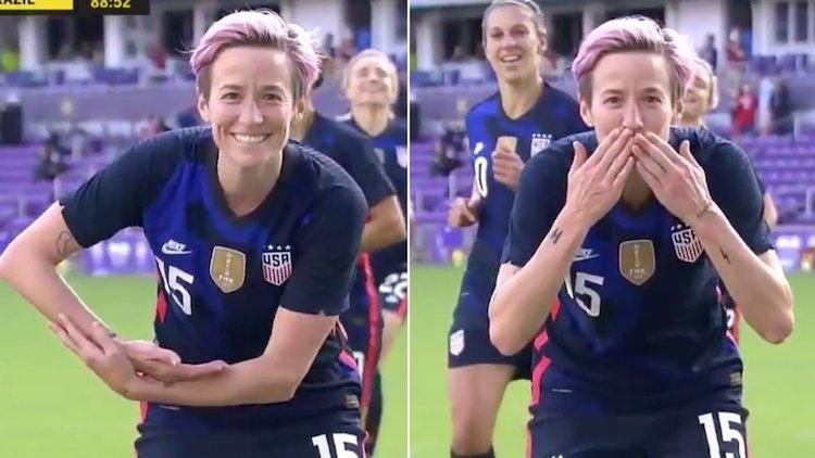 Megan Rapinoe blowing kiss to Ali Krieger and Ashlyn Harris
